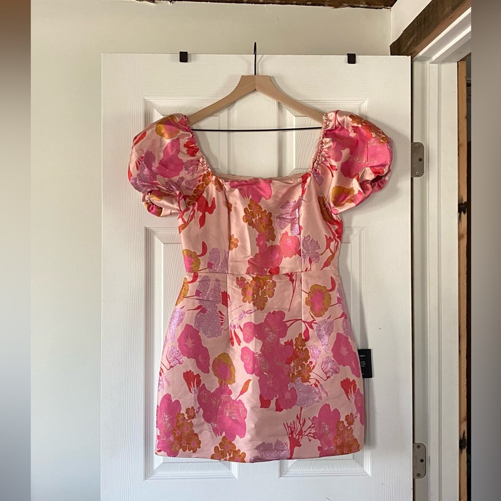 NWT Lulus So Stunning Orange Multi Floral Jacquard Puff Sleeve Mini Dress - Picture 3 of 7